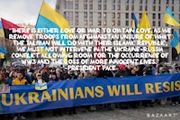 a group of people with flags and a quote about ukraine