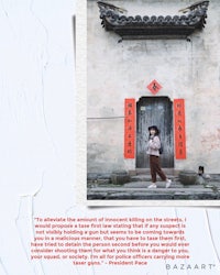 a woman is standing in front of an asian building